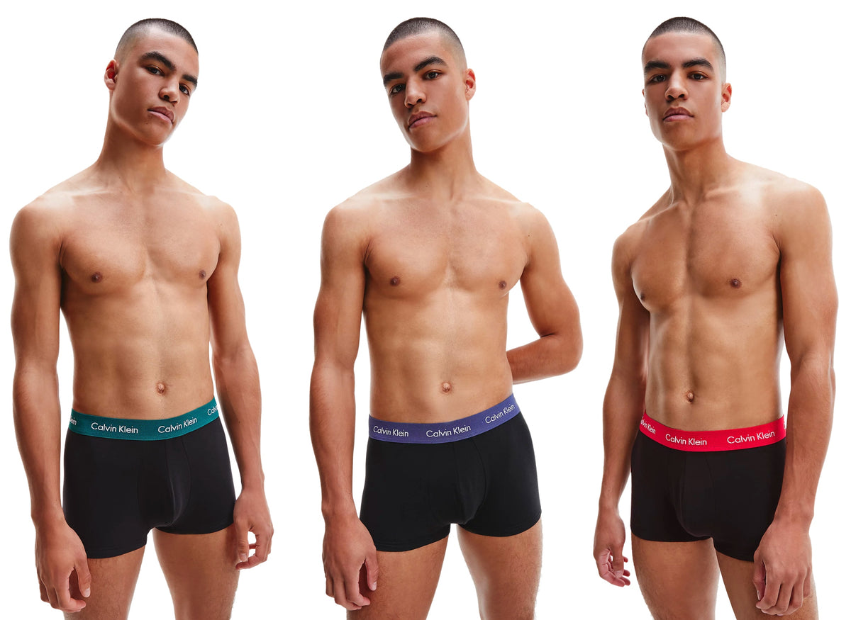 Mens Calvin Klein Boxer Shorts Low Rise Trunks 3 Pack, 01, U2664G, Black - Maya Blue/ Soft Grape/ Rustic Red