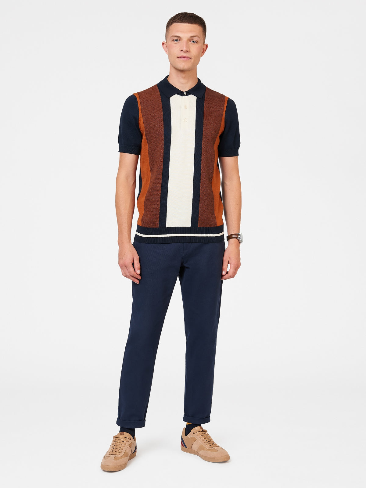 Ben Sherman Mens Vertical Stripe Knitted Polo Shirt, 05, 73992, Dark Navy