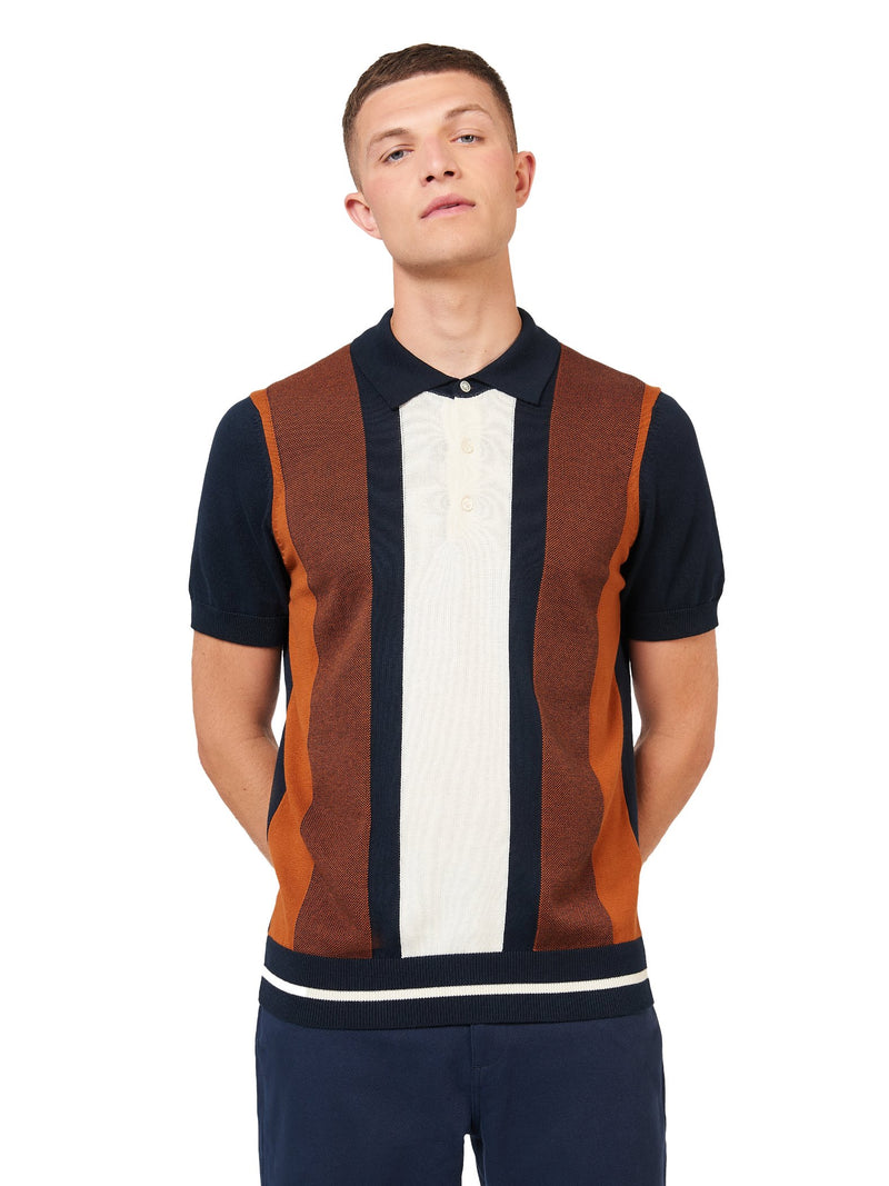 Ben Sherman Mens Vertical Stripe Knitted Polo Shirt, 01, 73992, Dark Navy
