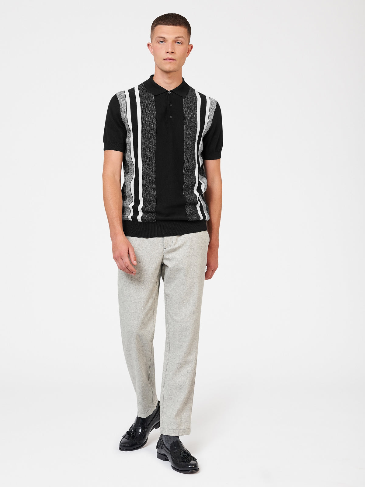 Mens Ben Sherman Birdseye Stripe Knit Polo Shirt, 04, 73995, Black