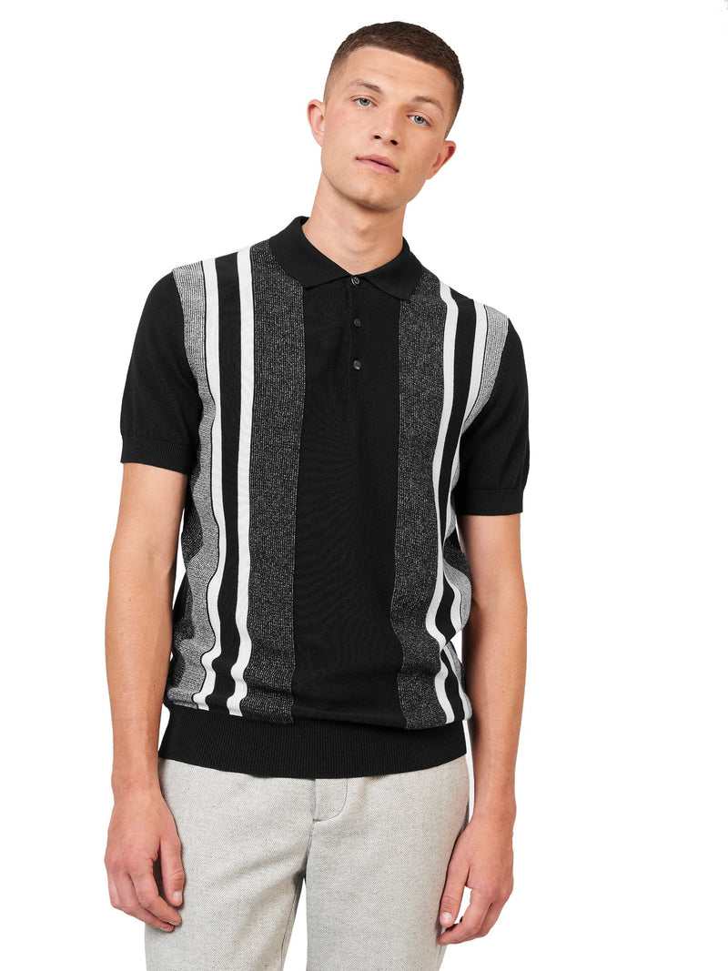 Mens Ben Sherman Birdseye Stripe Knit Polo Shirt, 01, 73995, #colour_Black