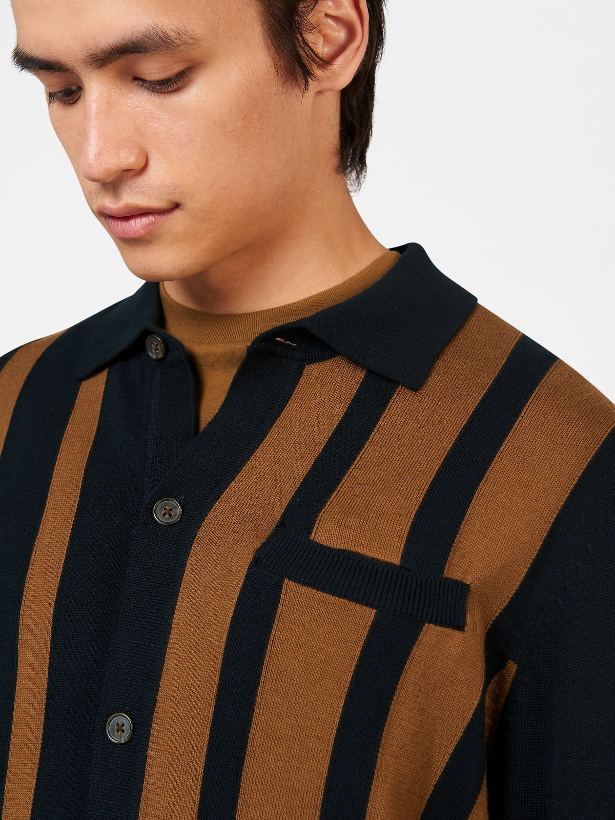 Ben Sherman Mens Stripe Button Through Polo Shirt, 02, 74001, Black