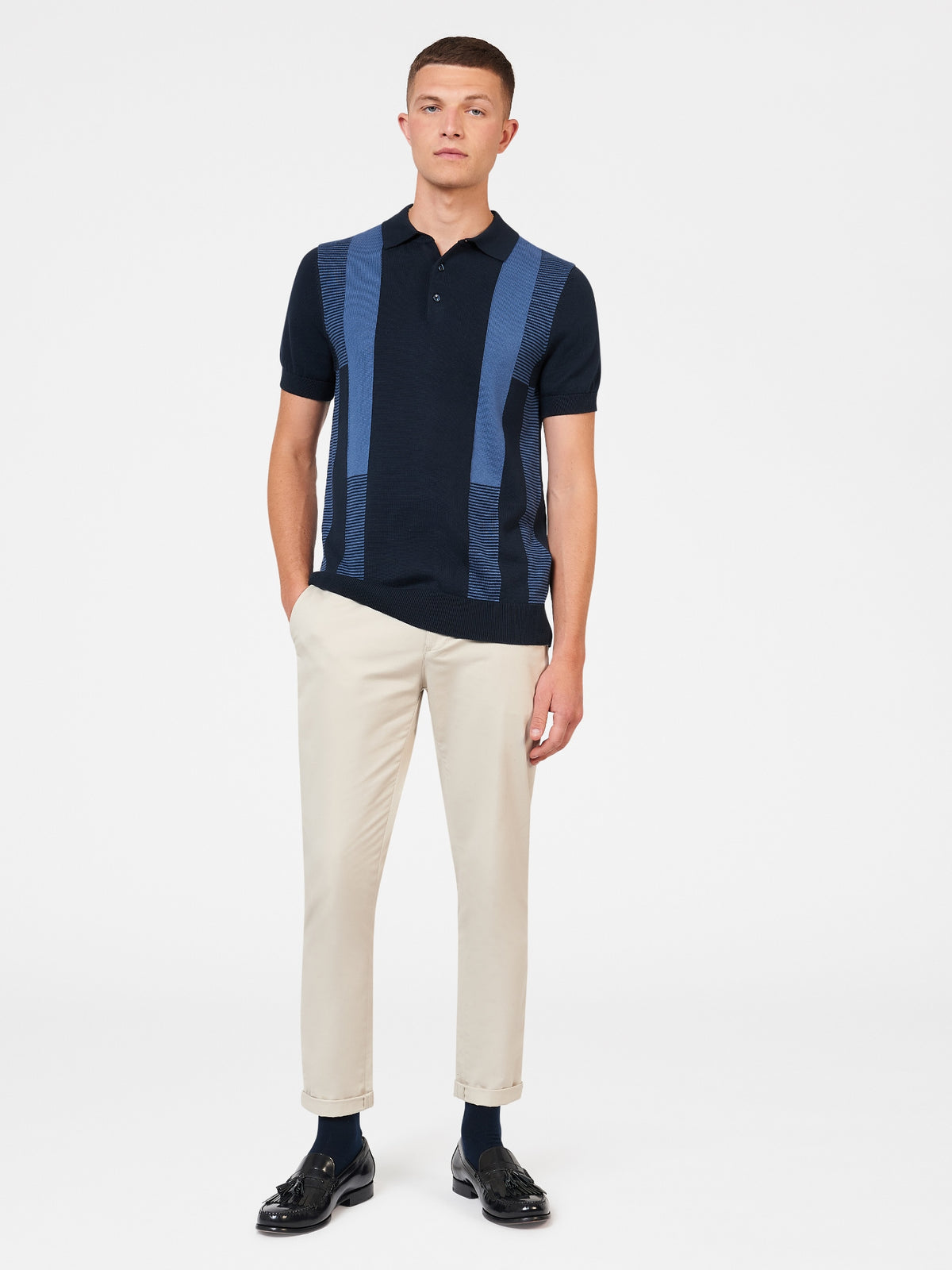 Ben Sherman Mens Inarsia Stripe Knit Polo Shirt, 04, 74196, Dark Navy