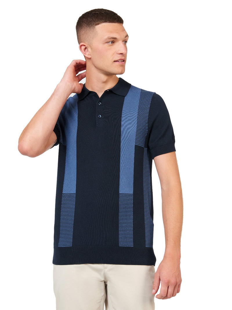 Ben Sherman Mens Inarsia Stripe Knit Polo Shirt, 01, 74196, #colour_Dark Navy