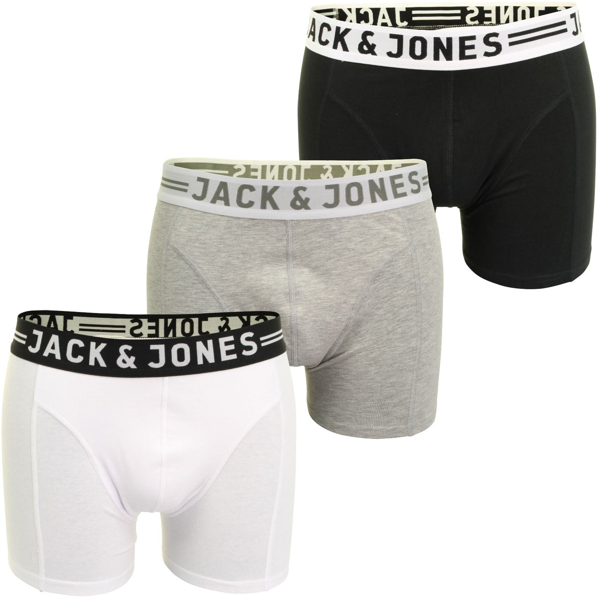 Jack & Jones 'Sense' Mens Boxer Shorts/ Trunks (3-Pack), 01, 12081832, Grey Melange/ Black/ White