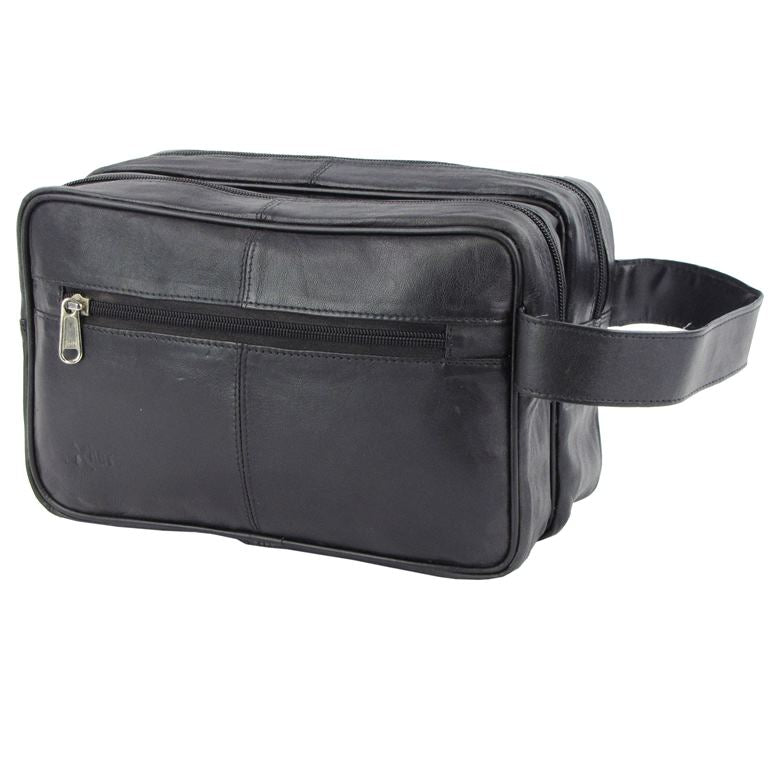 Mens Toiletry/ Travel Wash Bag Soft Leather Black With Wrist Strap, 01, 20015