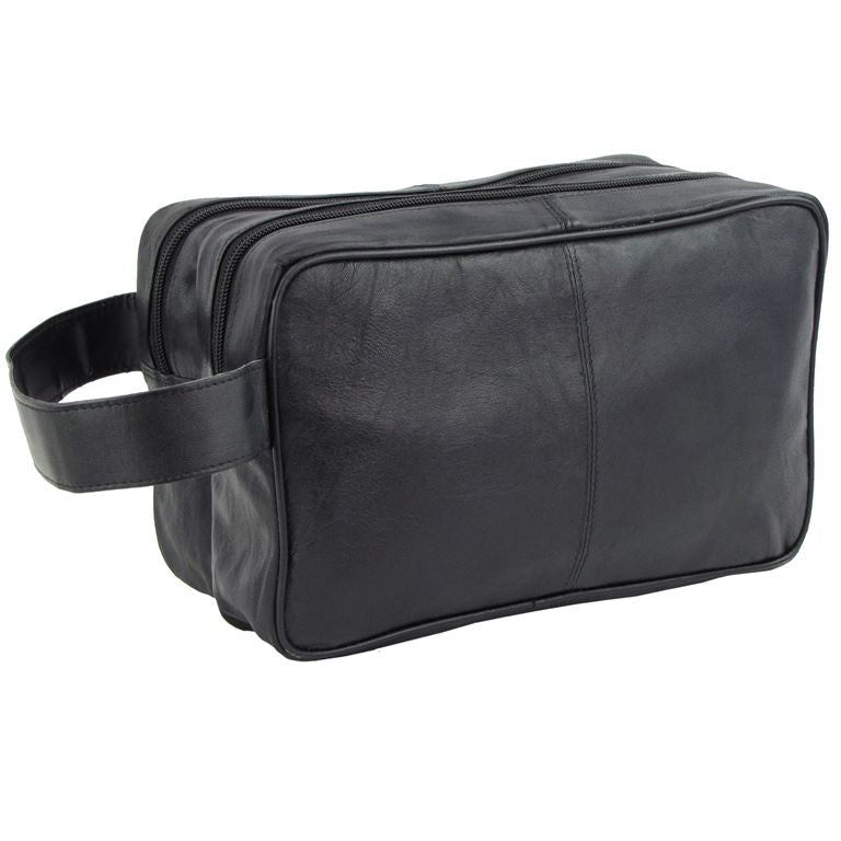 Mens Toiletry/ Travel Wash Bag Soft Leather With Wrist Strap, 02, 20015, Black