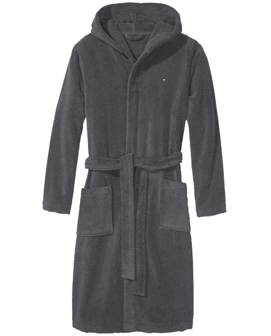 Mens Tommy Hilfiger Icon Hooded Bathrobe/ Dressing Gown - Micro Cotton Towelling, 01, 2S87905573, Magnet