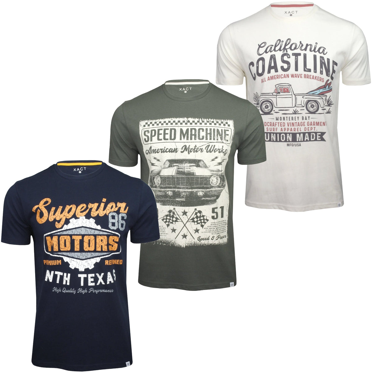 Xact Men's 3-Pack Printed Crew Neck T-Shirt, 100% Cotton, Short Sleeve