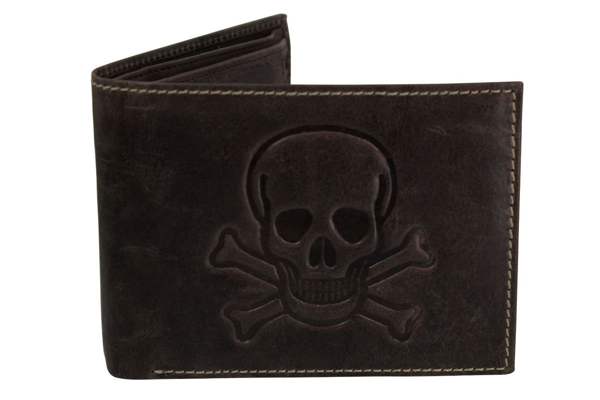 Mens Genuine Leather Wallet by Xact Clothing Embossed Skull & Cross Bones, 01, Xw-672, Vintage Brown