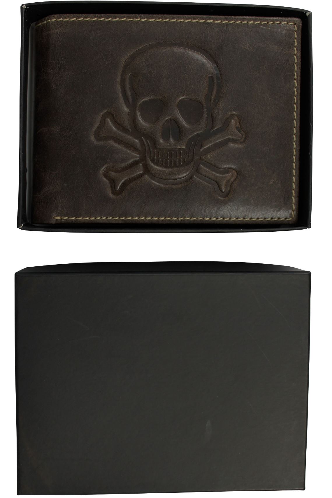 Mens Genuine Leather Wallet by Xact Clothing Embossed Skull & Cross Bones, 04, Xw-672, Vintage Brown