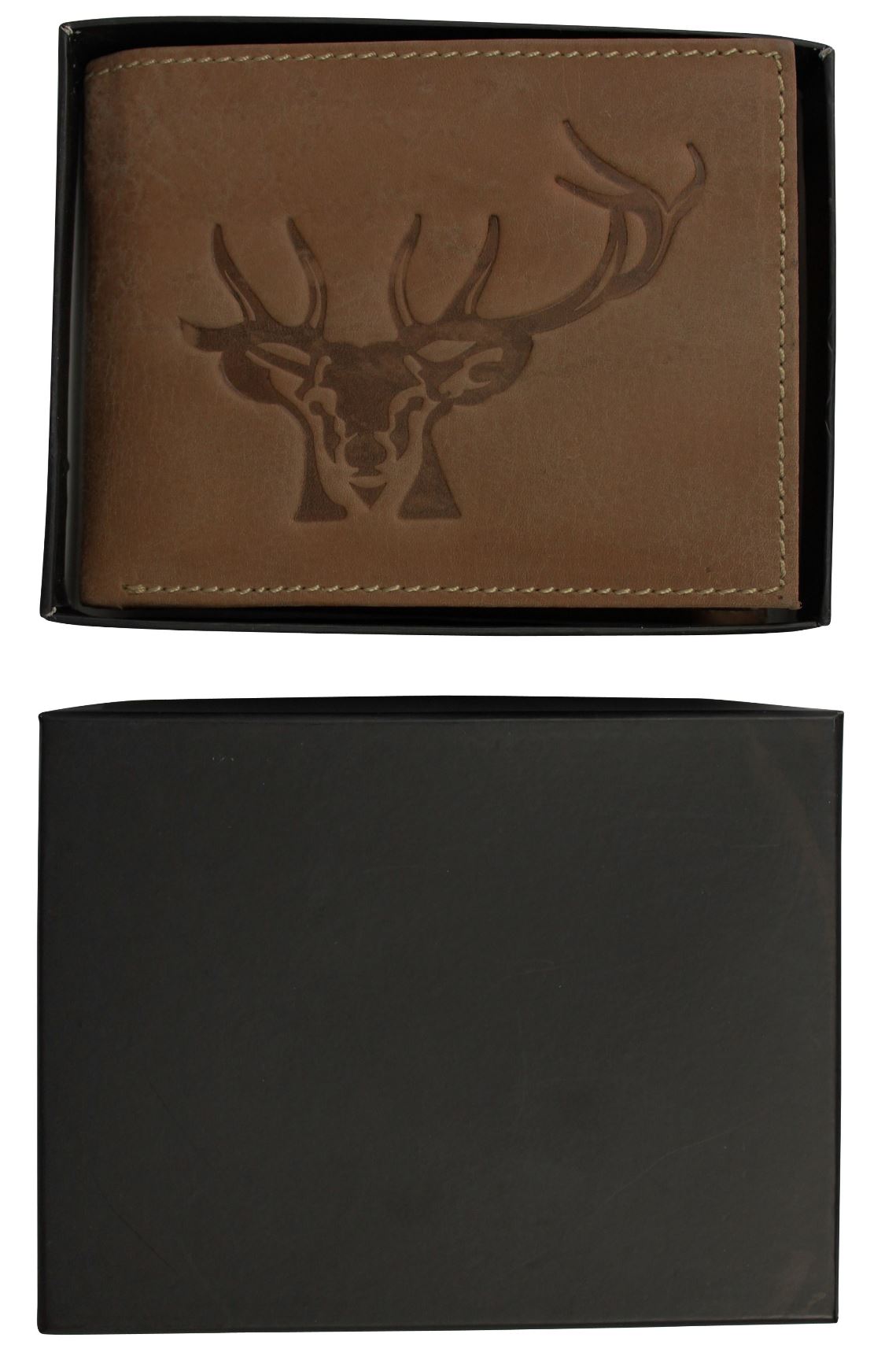 Mens Genuine Leather Wallet by Xact Clothing Embossed Stags Head, 04, Xw-673, Camel
