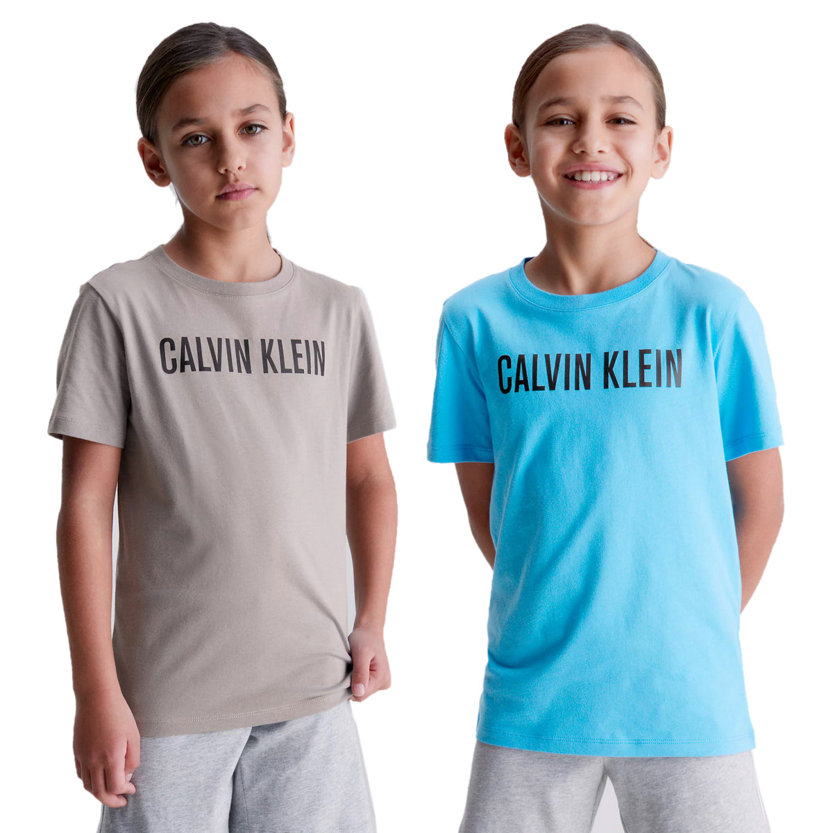 Calvin Klein Boys Intense Power T-Shirt - 2 Pack, 01, B70B700431, Pebblestone/ W/ Bluecrush