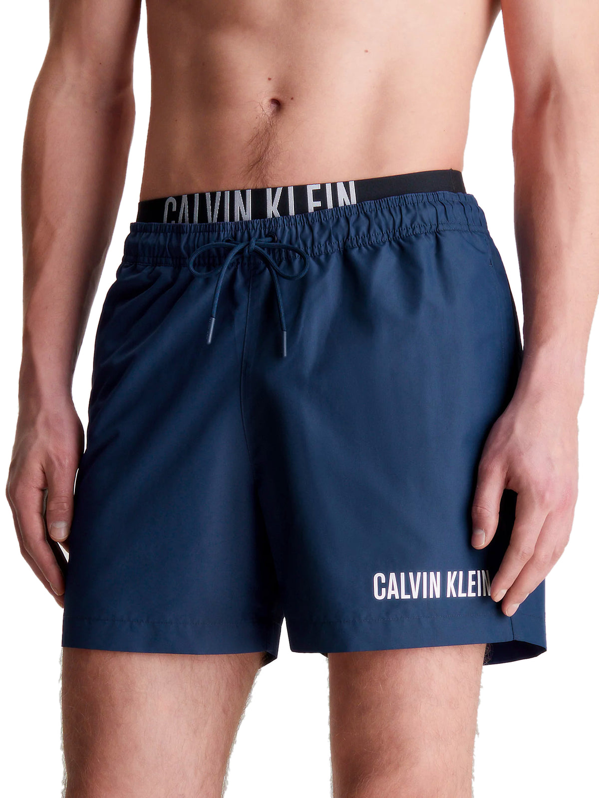 Calvin Klein Mens Double Waistband 'Intense Power' Swim Shorts, 01, Km0Km00992, Signature Navy