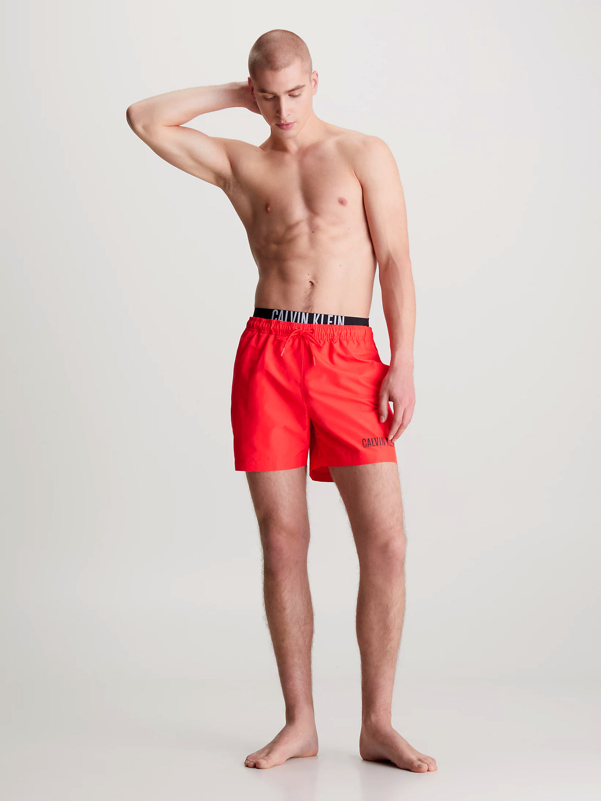 Calvin Klein Mens Double Waistband 'Intense Power' Swim Shorts, 04, Km0Km00992, Hot Heat