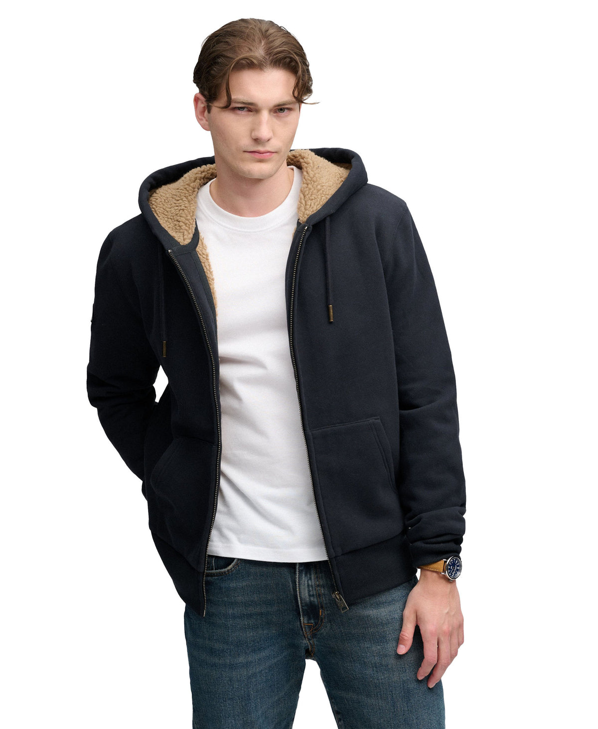 Superdry Men's Borg Lined Zip Hoodie, Cotton Blend, Slim Fit