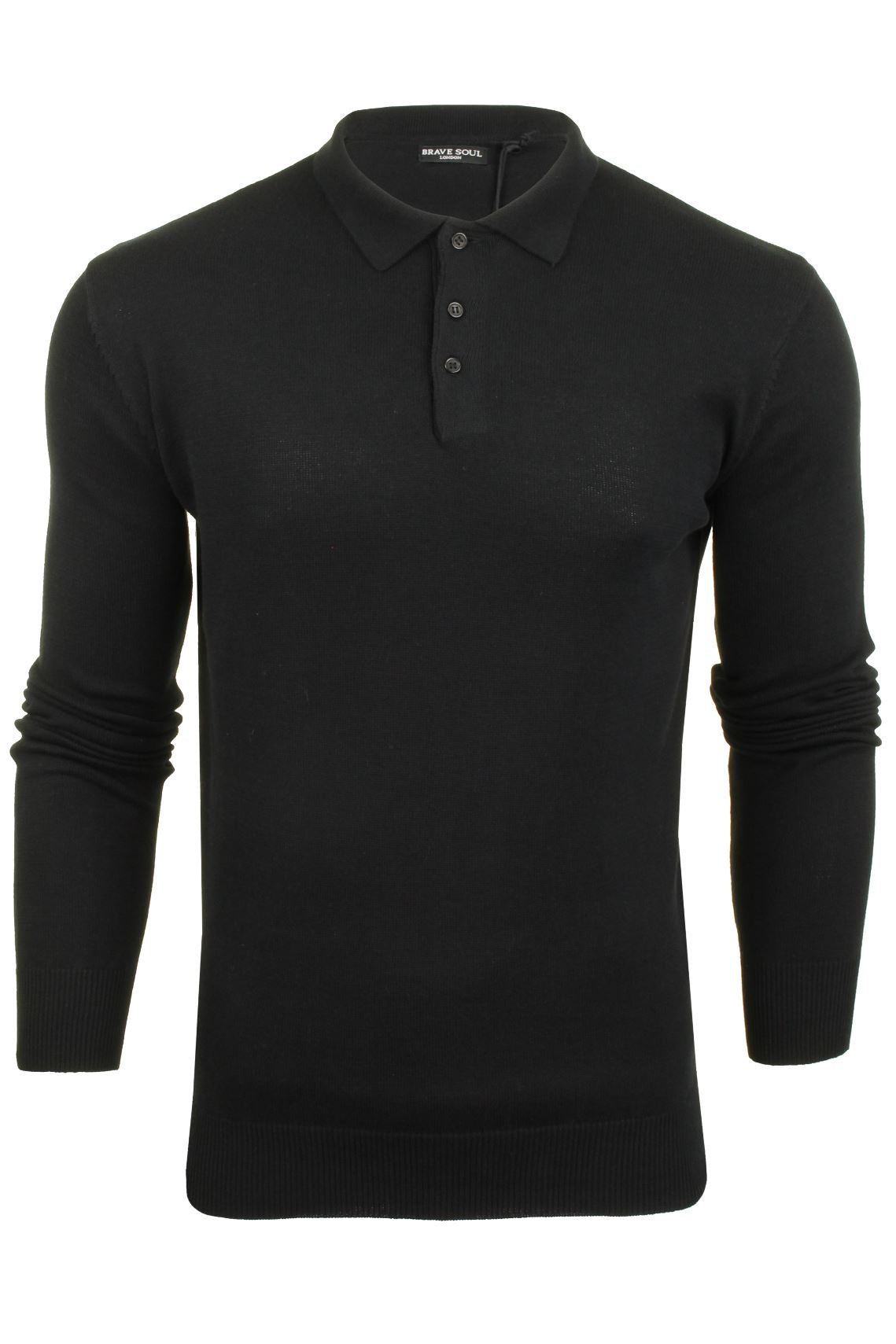 Mens Knitted Polo Shirt by Brave Soul Long Sleeved, 01, Mk-181Placket, Jet Black