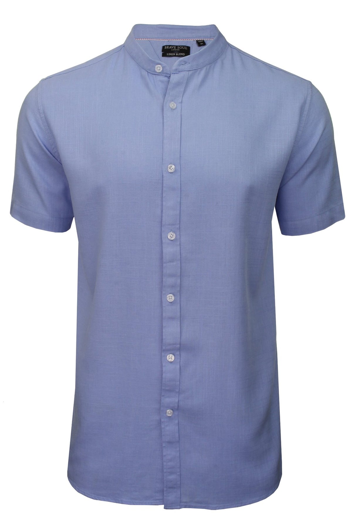 Brave Soul Mens 'Anglo' Linen Mix Grandad Shirt - Short Sleeved, 01, Msh-508Anglo, Light Blue