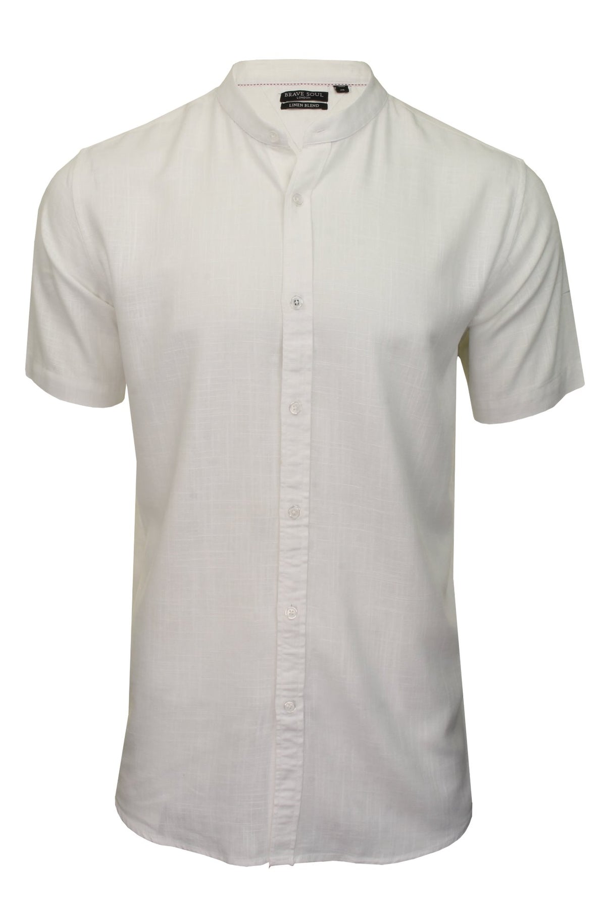 Brave Soul Mens 'Anglo' Linen Mix Grandad Shirt - Short Sleeved, 01, Msh-508Anglo, Optic White