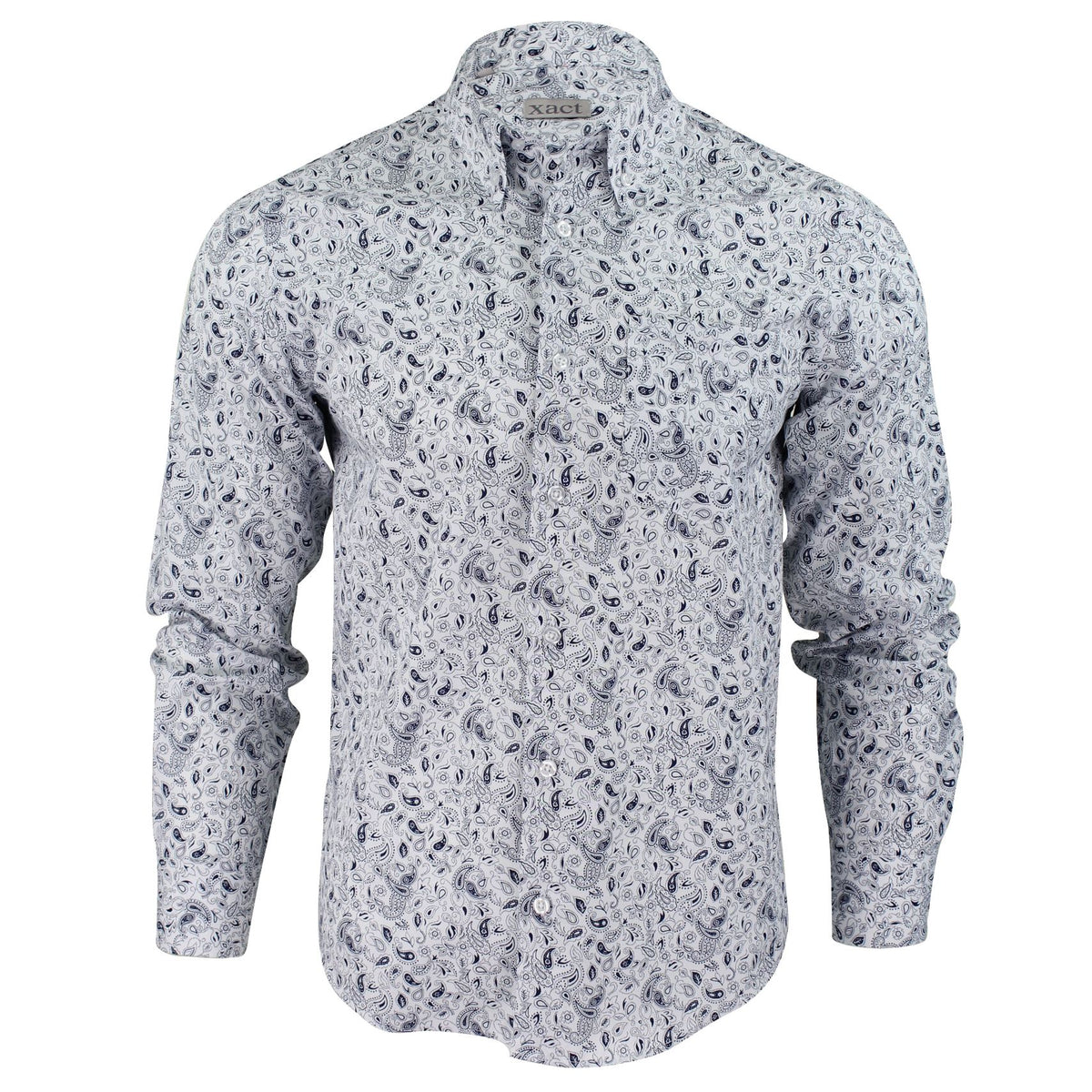 Mens Shirt Paisley by Xact - Fashion Long Sleeve Button Down, 01, Mshx104, Navy/ White