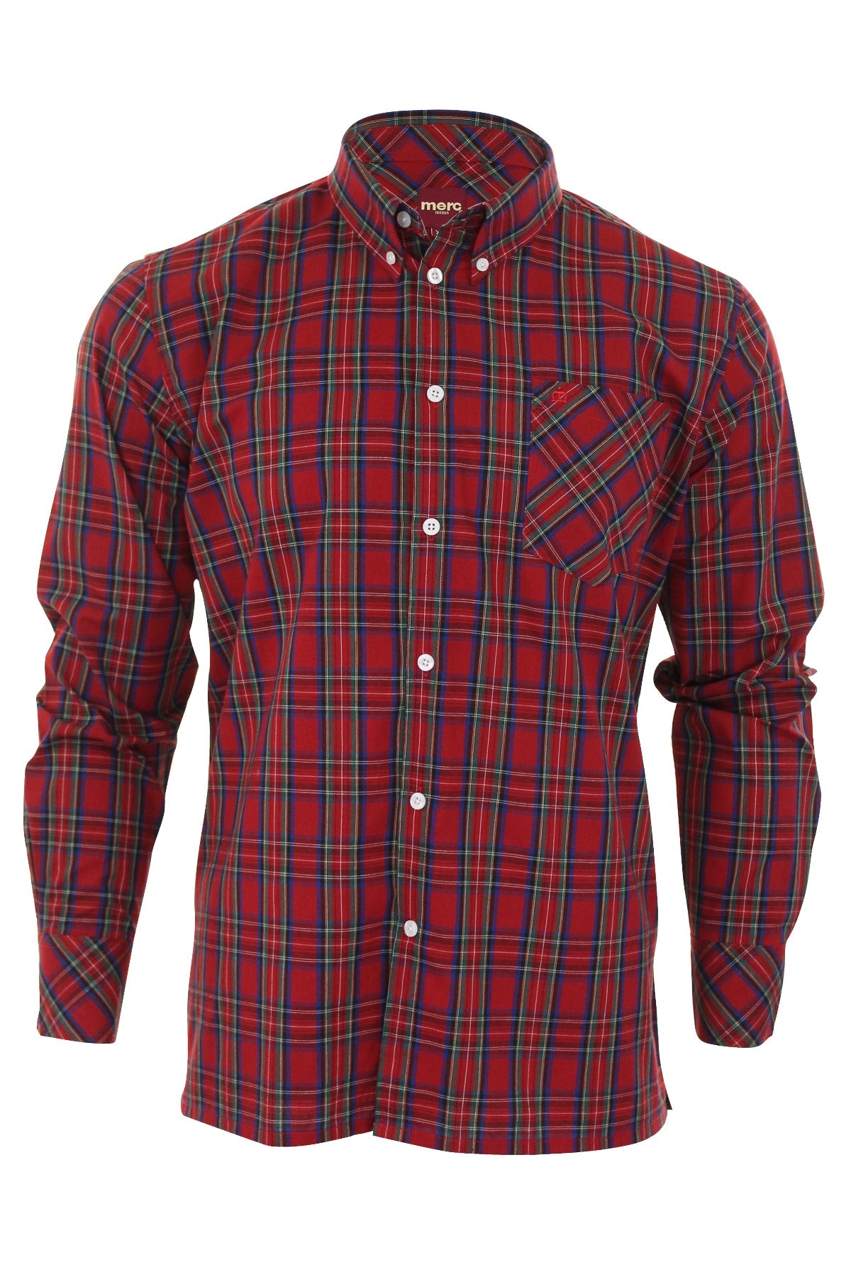 Mens Merc London 'Neddy' Shirt Mod Retro Long Sleeved Button Down Collar, 01, Neddy_Red325