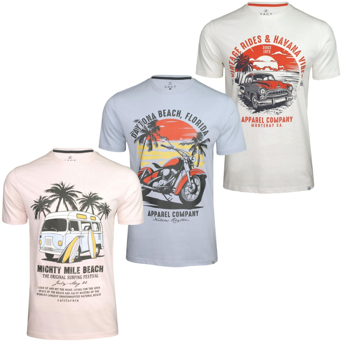 Xact Men's 3-Pack Printed Crew Neck T-Shirt, 100% Cotton, Short Sleeve