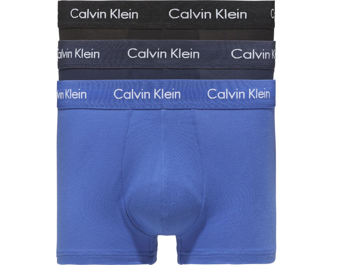 Mens Calvin Klein Boxer Shorts Low Rise Trunks 3 Pack, 01, U2664G, Black/ Blue Shadow/ Cobalt Water