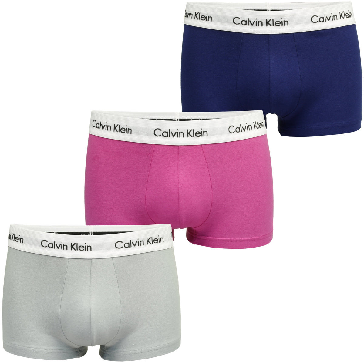 Mens Calvin Klein Boxer Shorts Low Rise Trunks 3 Pack, 02, U2664G, Slv Sprgs, Pal Pk, Bl Dpts W/ Wh Wb