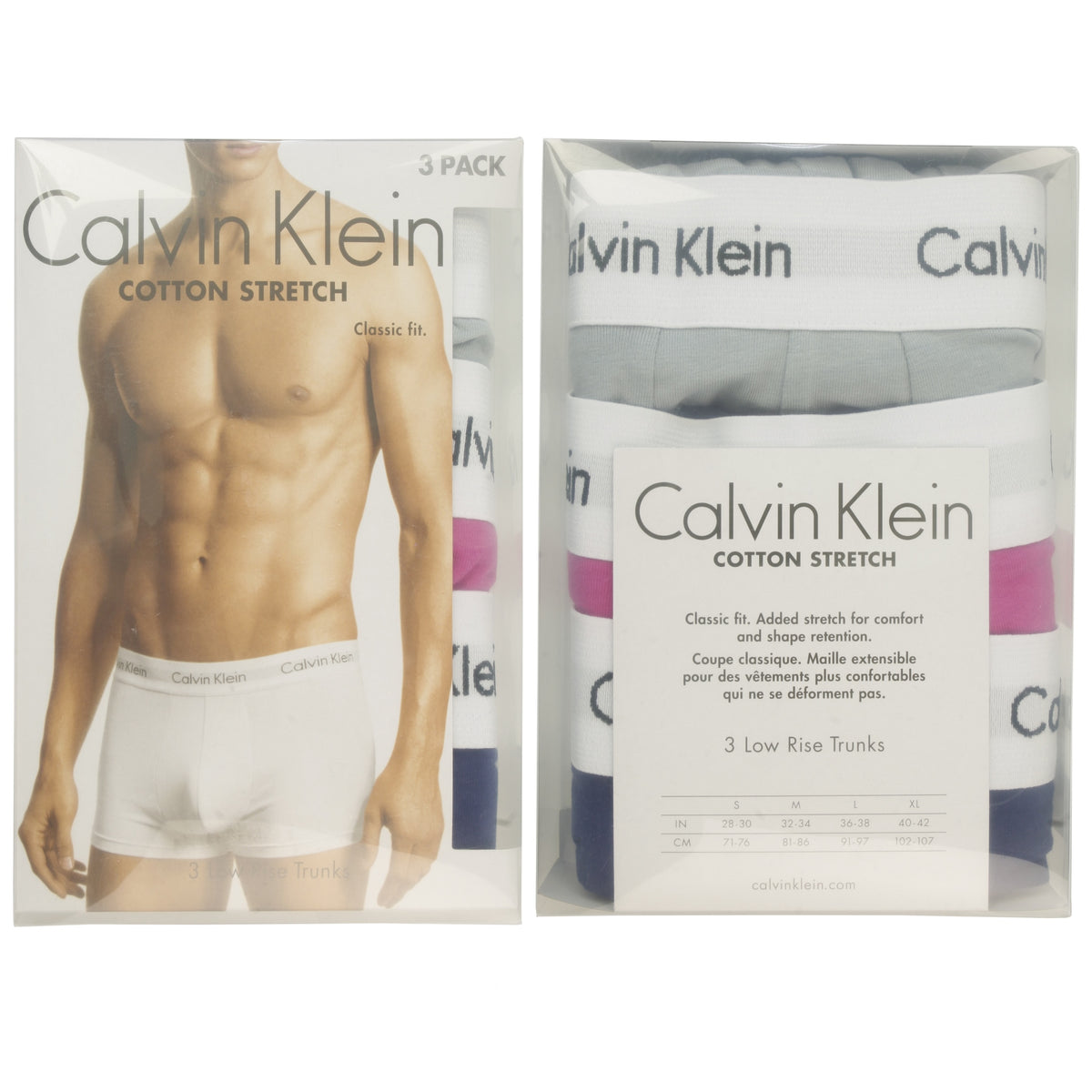 Mens Calvin Klein Boxer Shorts Low Rise Trunks 3 Pack, 03, U2664G, Slv Sprgs, Pal Pk, Bl Dpts W/ Wh Wb
