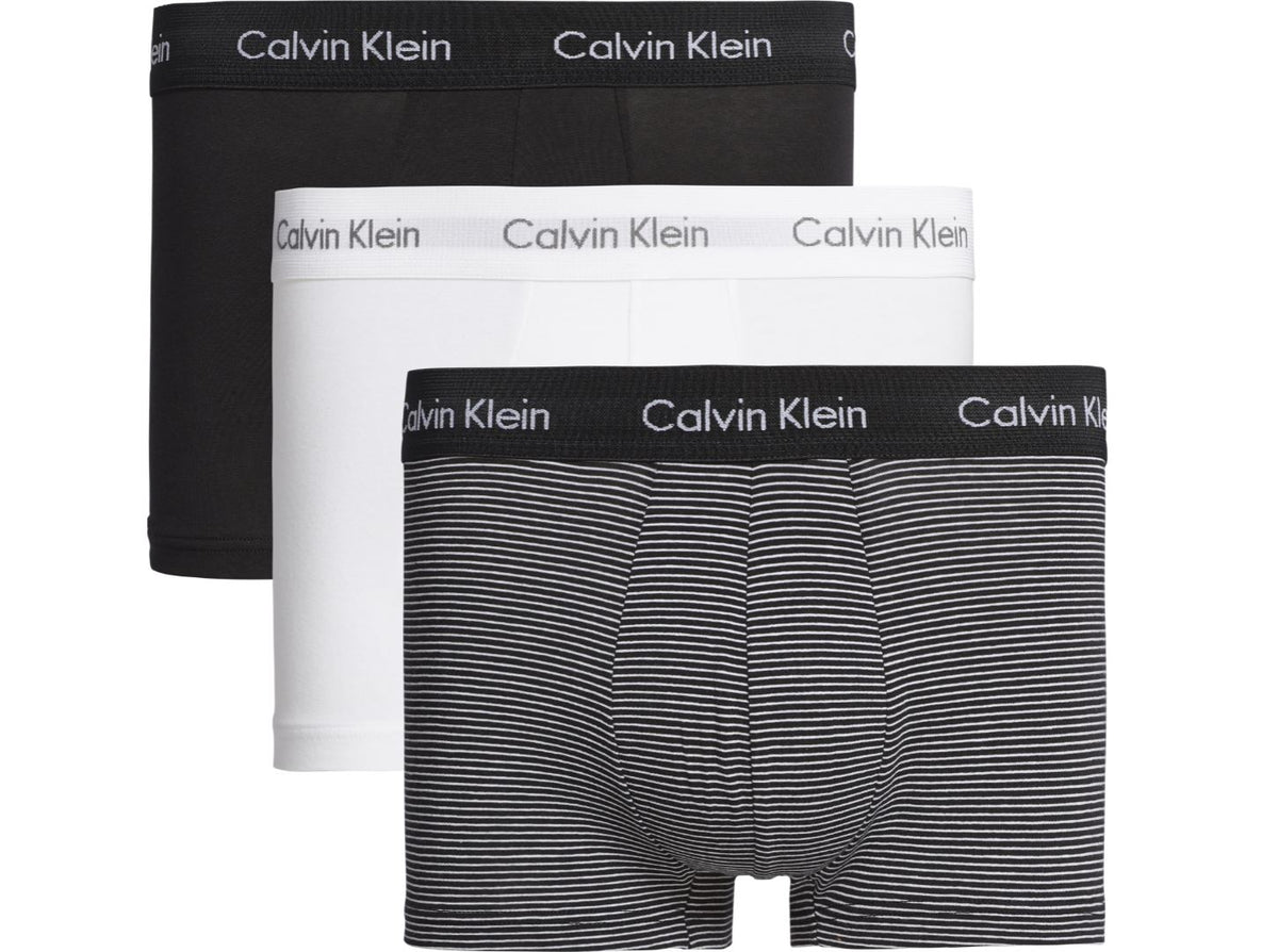 Mens Calvin Klein Boxer Shorts Low Rise Trunks 3 Pack, 01, U2664G, White/ B&W Stripe/ Black