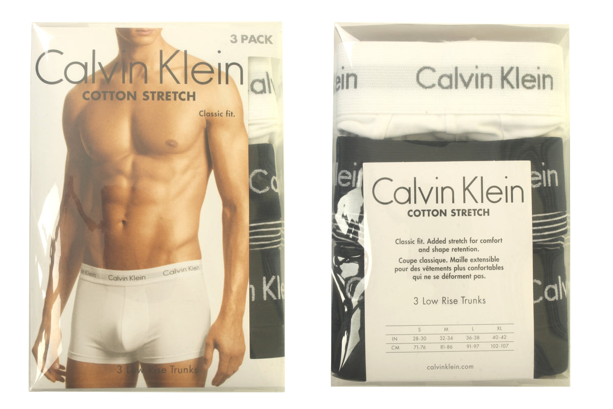 Mens Calvin Klein Boxer Shorts Low Rise Trunks 3 Pack, 02, U2664G, White/ B&W Stripe/ Black