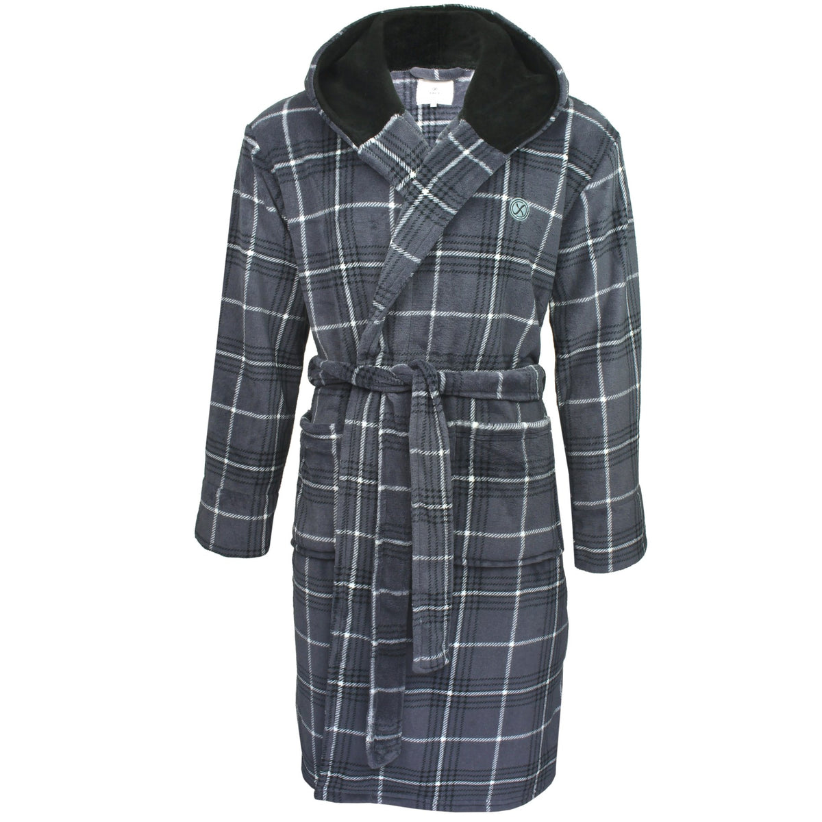 Xact Mens Hooded Dressing Gown, Super Soft Check Fleece Bath Robe