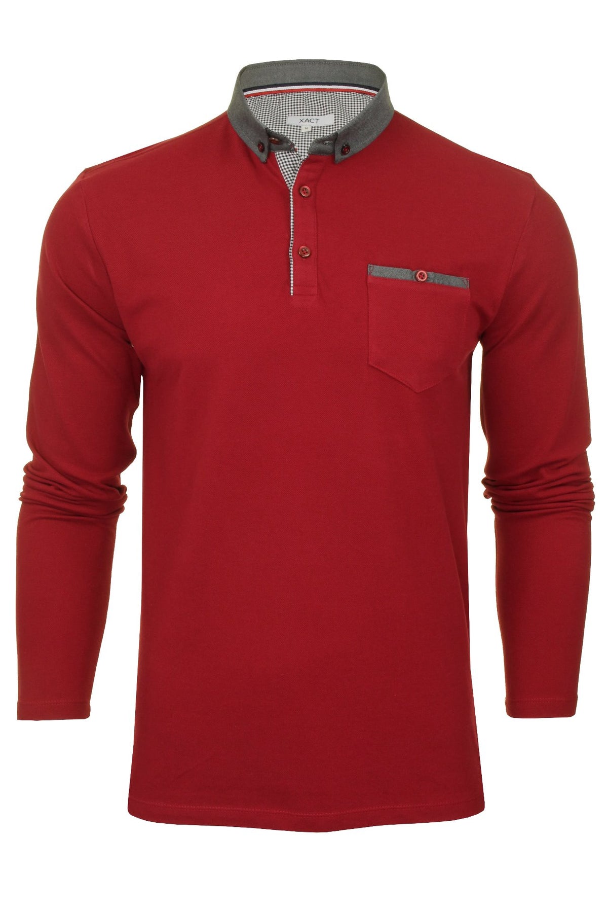 Mens Long Sleeved Button Down Collar Polo T-Shirt by Xact, 01, Xp1026, Burgundy