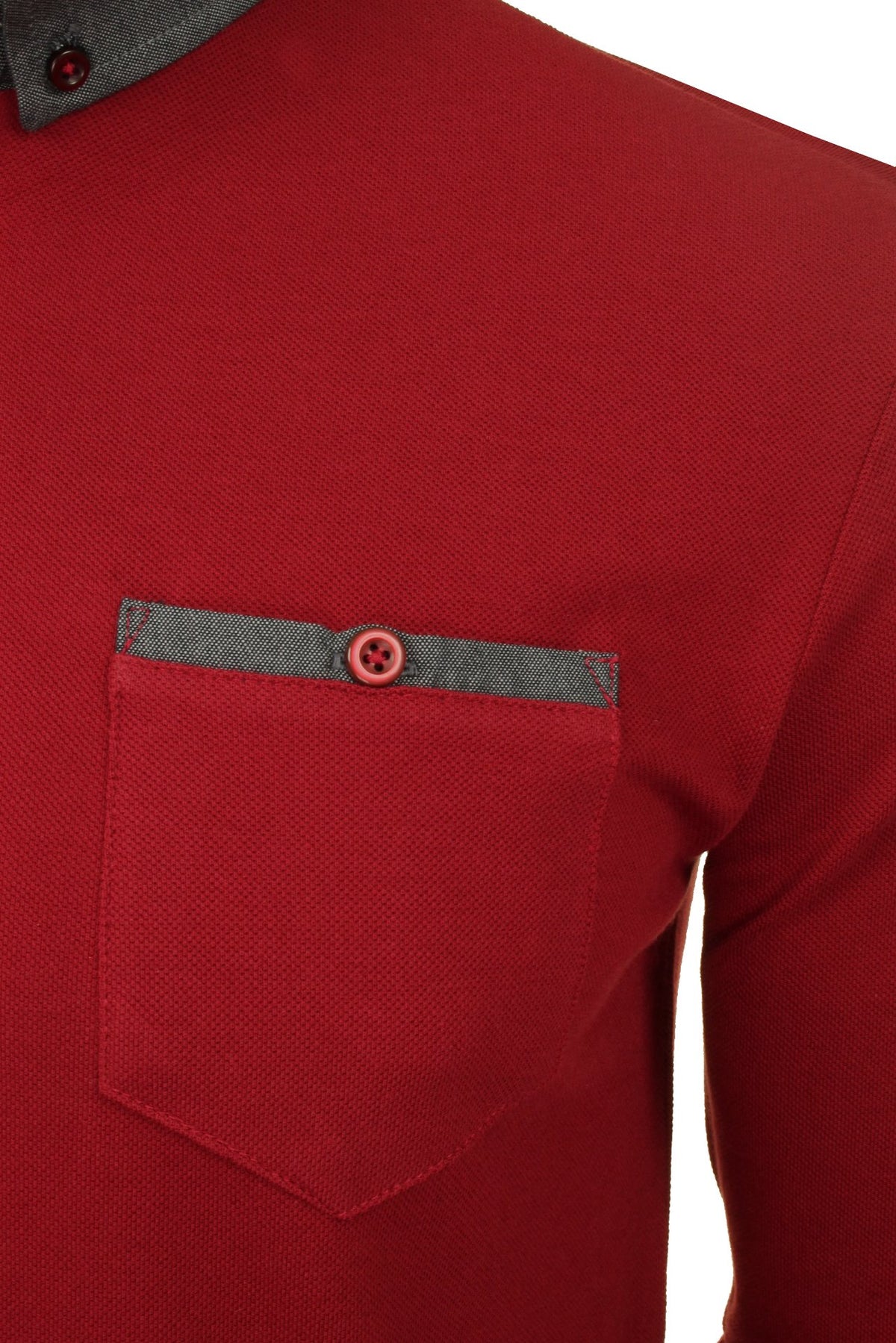Mens Long Sleeved Button Down Collar Polo T-Shirt by Xact, 02, Xp1026, Burgundy