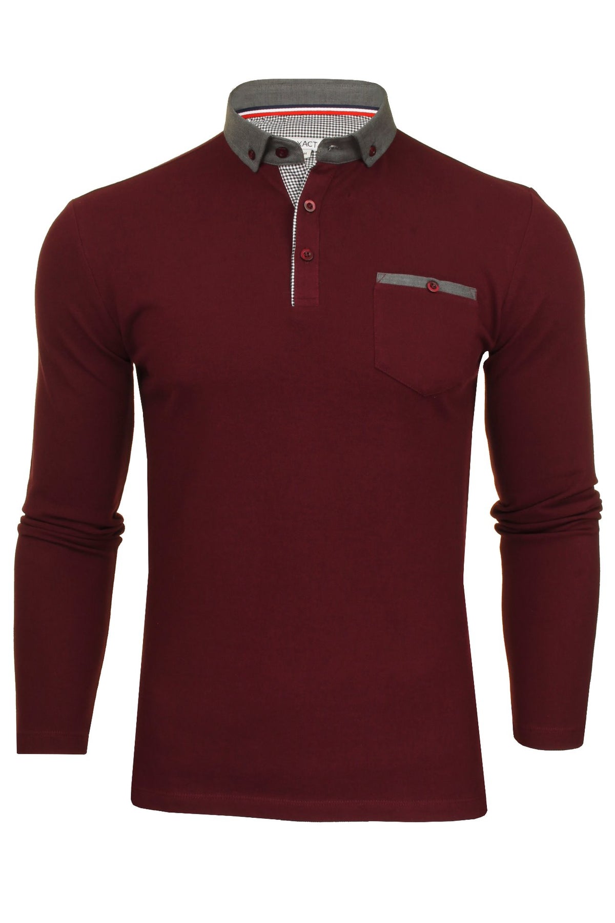 Mens Long Sleeved Button Down Collar Polo T-Shirt by Xact, 01, Xp1026, Dark Burgundy