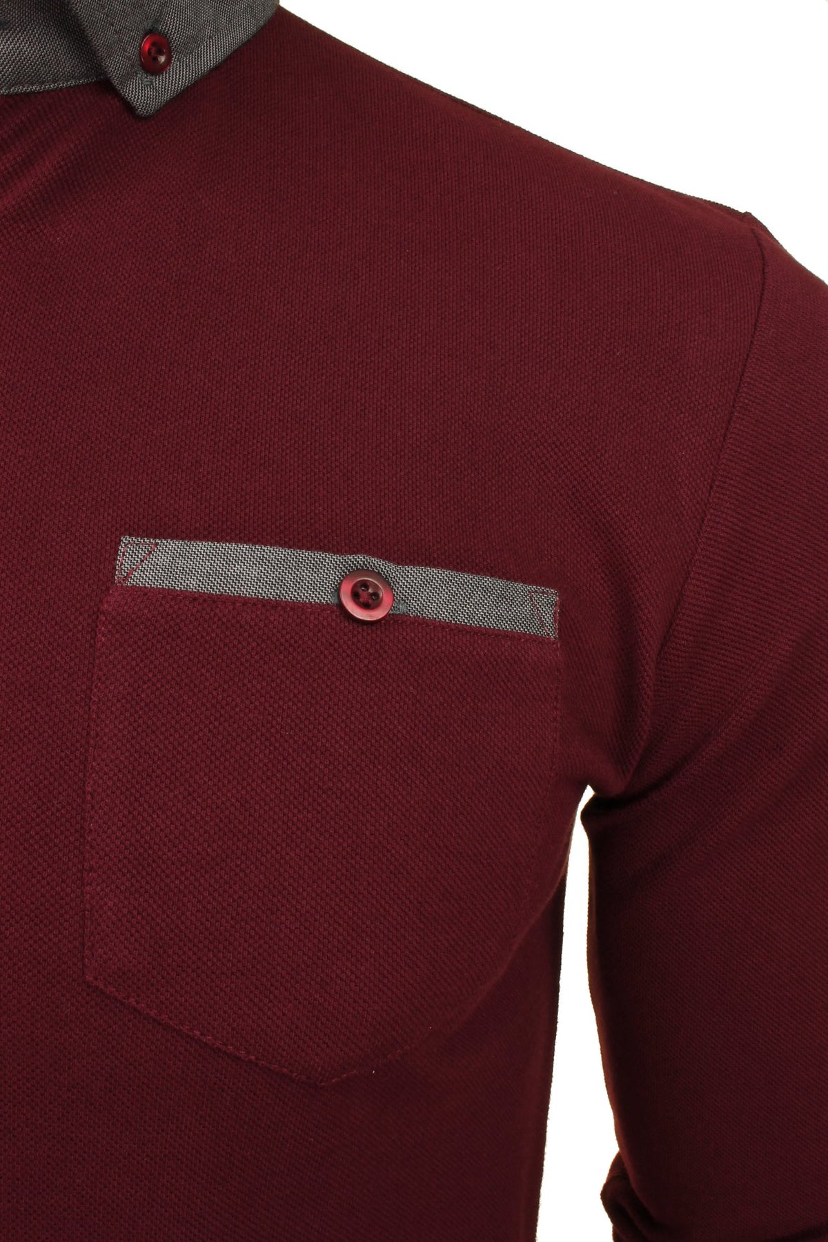 Mens Long Sleeved Button Down Collar Polo T-Shirt by Xact, 02, Xp1026, Dark Burgundy