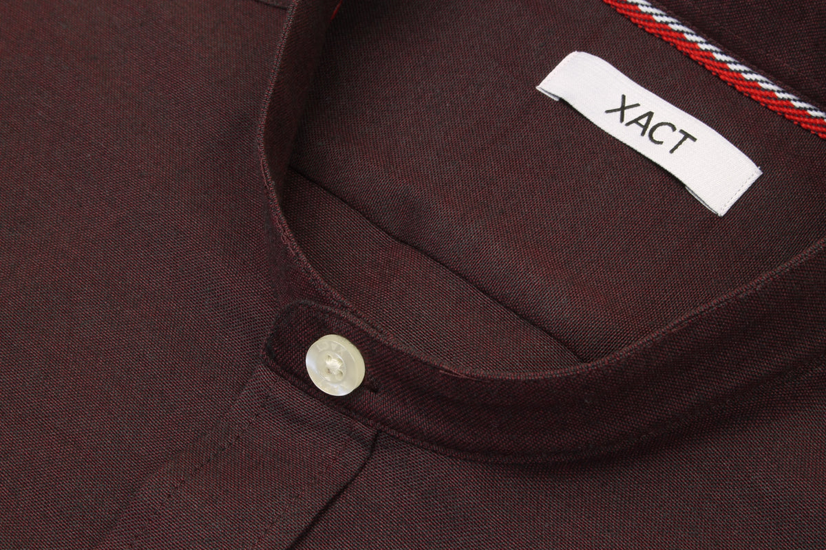 Xact Men's Grandad Collar Oxford Shirt Slim Fit Short Sleeved, 04, Xsh1022, Dark Burgundy