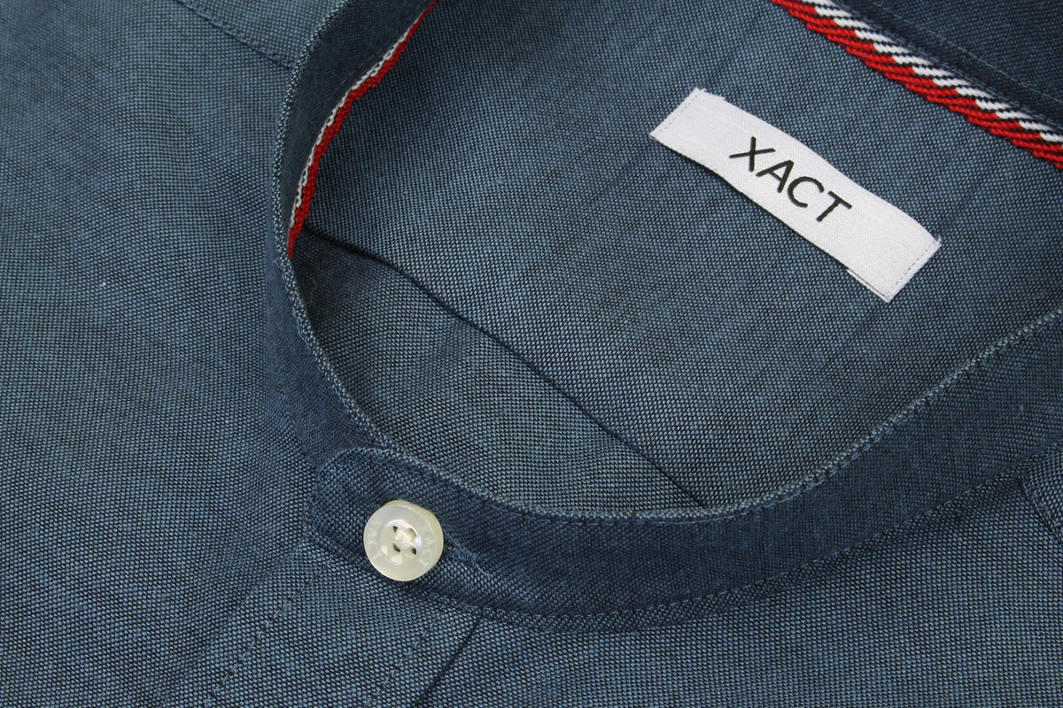 Xact Men's Grandad Collar Oxford Shirt Slim Fit Short Sleeved, 04, Xsh1022, Denim Blue