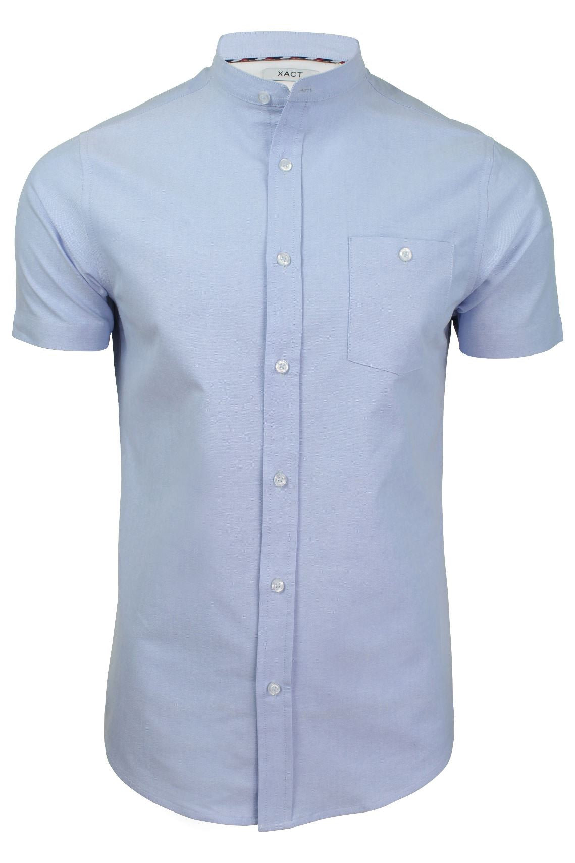 Xact Men's Grandad Collar Oxford Shirt Slim Fit Short Sleeved, 01, Xsh1022, Light Blue