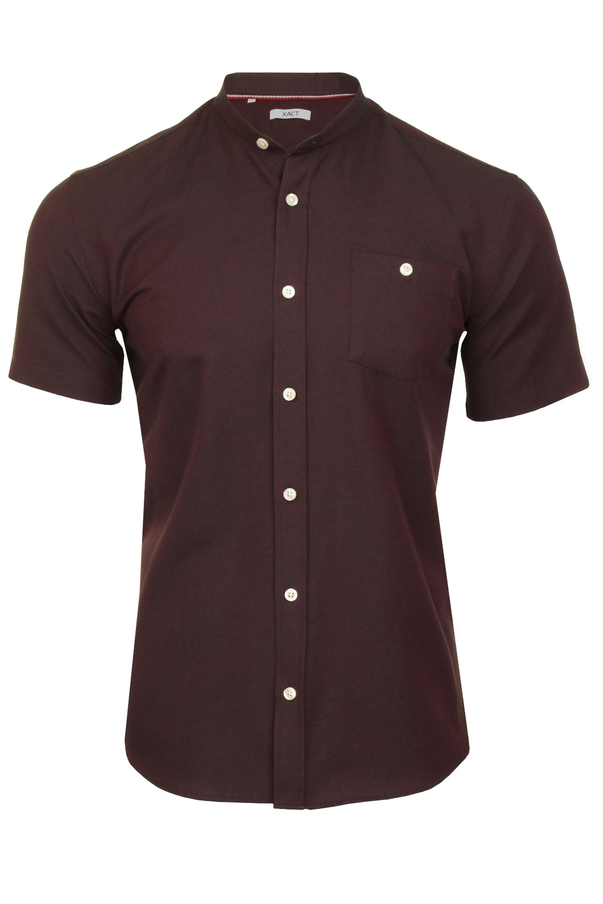 Xact Men's Grandad Collar Oxford Shirt Slim Fit Short Sleeved, 01, Xsh1022, Dark Burgundy