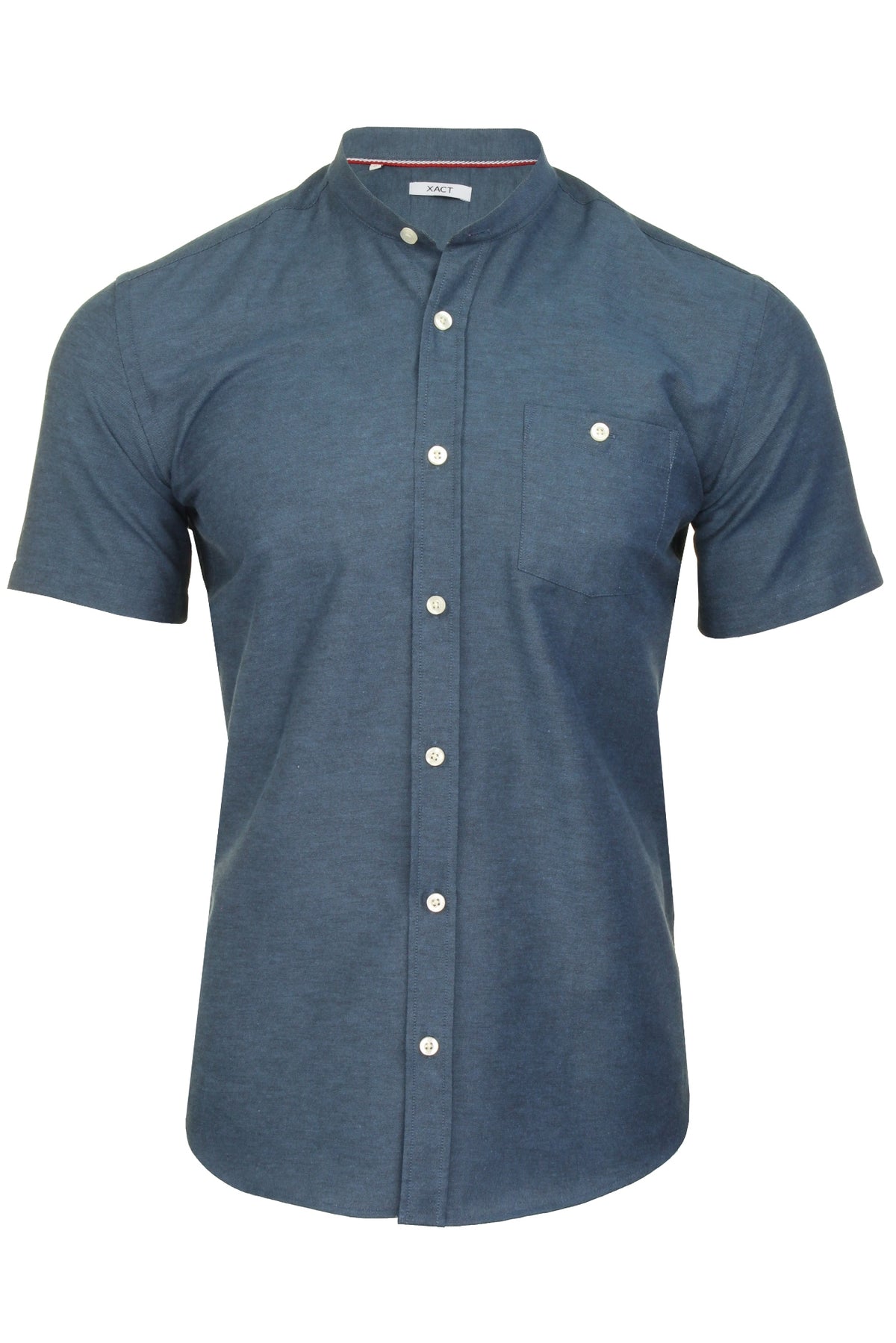 Xact Men's Grandad Collar Oxford Shirt Slim Fit Short Sleeved, 01, Xsh1022, Denim Blue