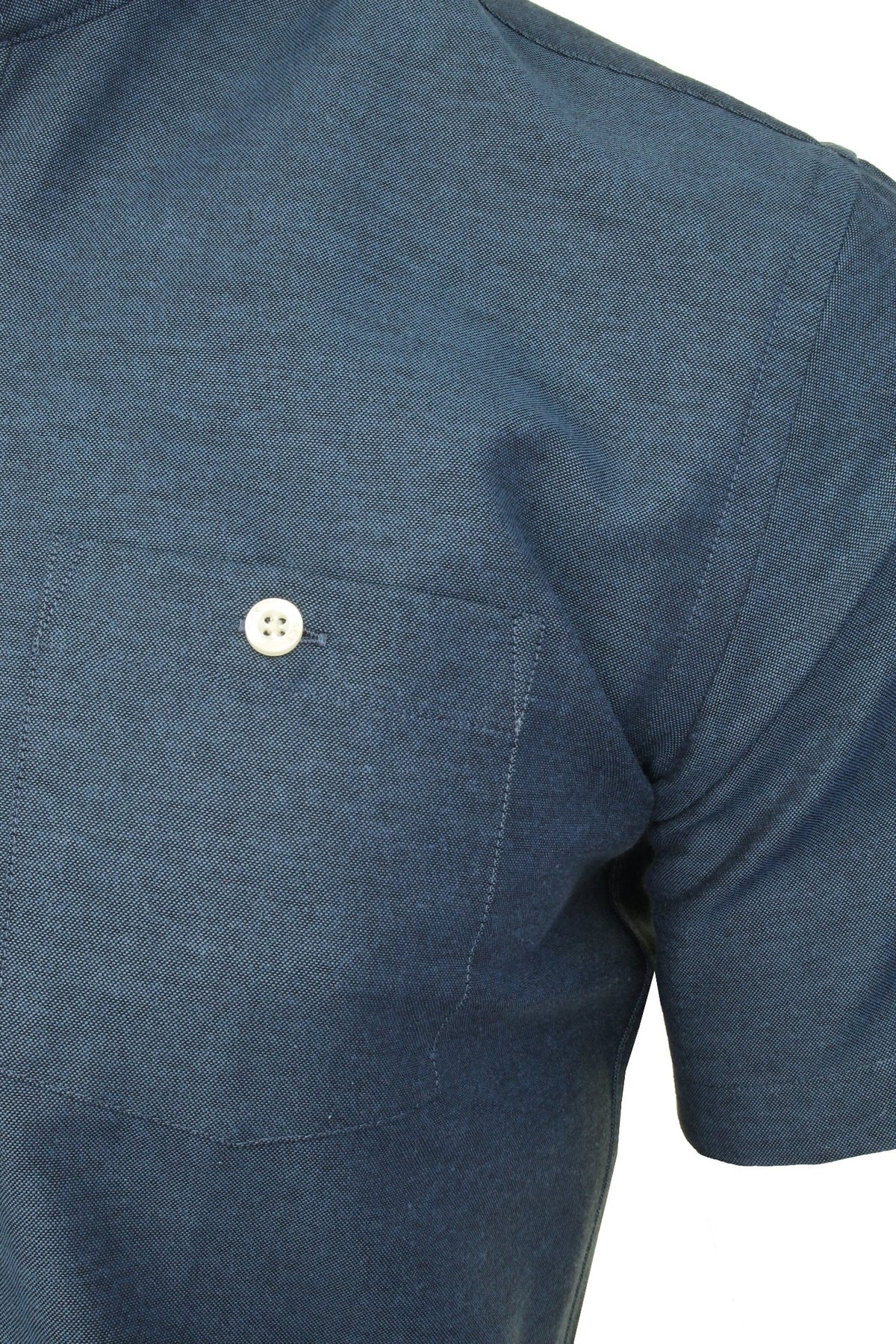 Xact Men's Grandad Collar Oxford Shirt Slim Fit Short Sleeved, 02, Xsh1022, Denim Blue