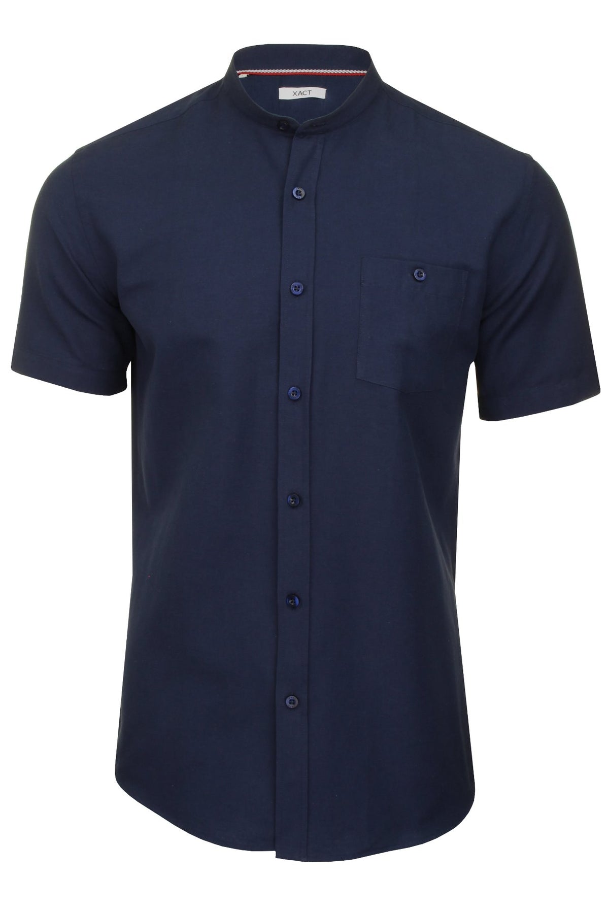 Xact Men's Grandad Collar Oxford Shirt Slim Fit Short Sleeved, 01, Xsh1022, Dark Navy