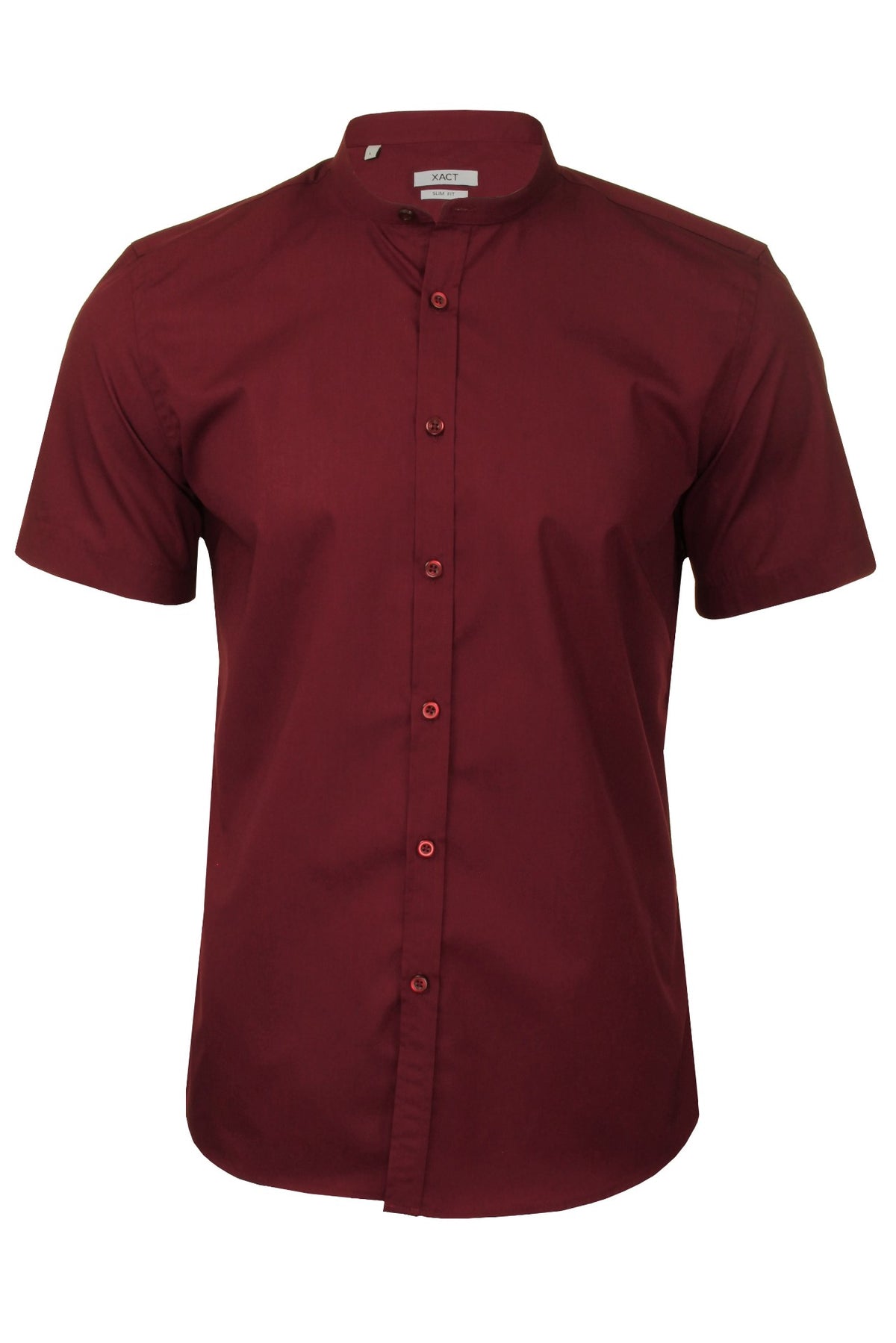 Xact Mens Grandad Collar Poplin Shirt Nehru - Short Sleeved - Slim Fit, 01, Xsh1069, Burgundy