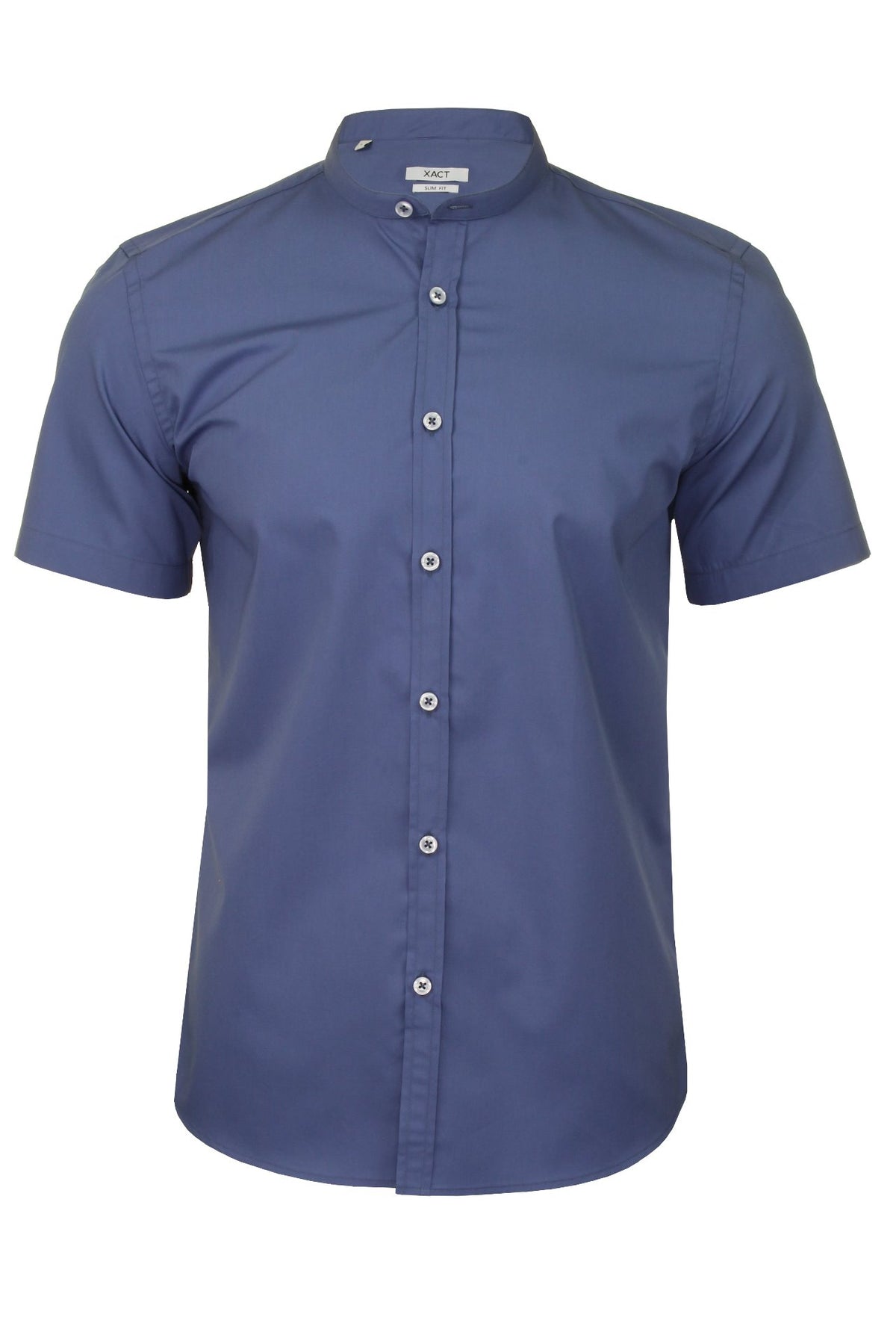 Xact Mens Grandad Collar Poplin Shirt Nehru - Short Sleeved - Slim Fit, 01, Xsh1069, Dusky Blue
