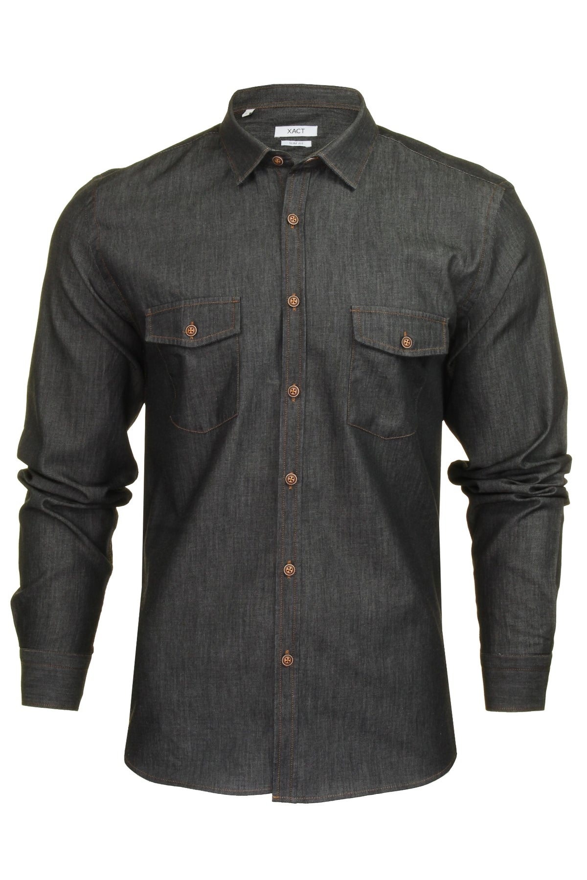 Xact Mens Long Sleeved Denim Shirt - Slim Fit, 01, Xsh1074, Black