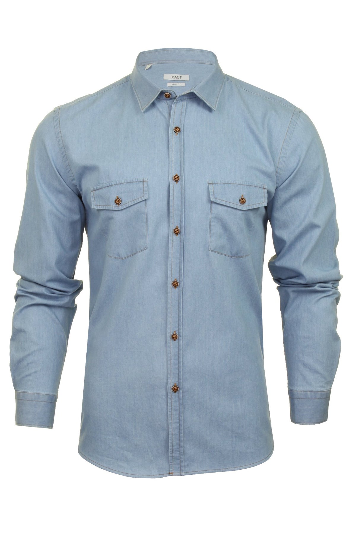 Xact Mens Long Sleeved Denim Shirt - Slim Fit, 01, Xsh1074, Blue