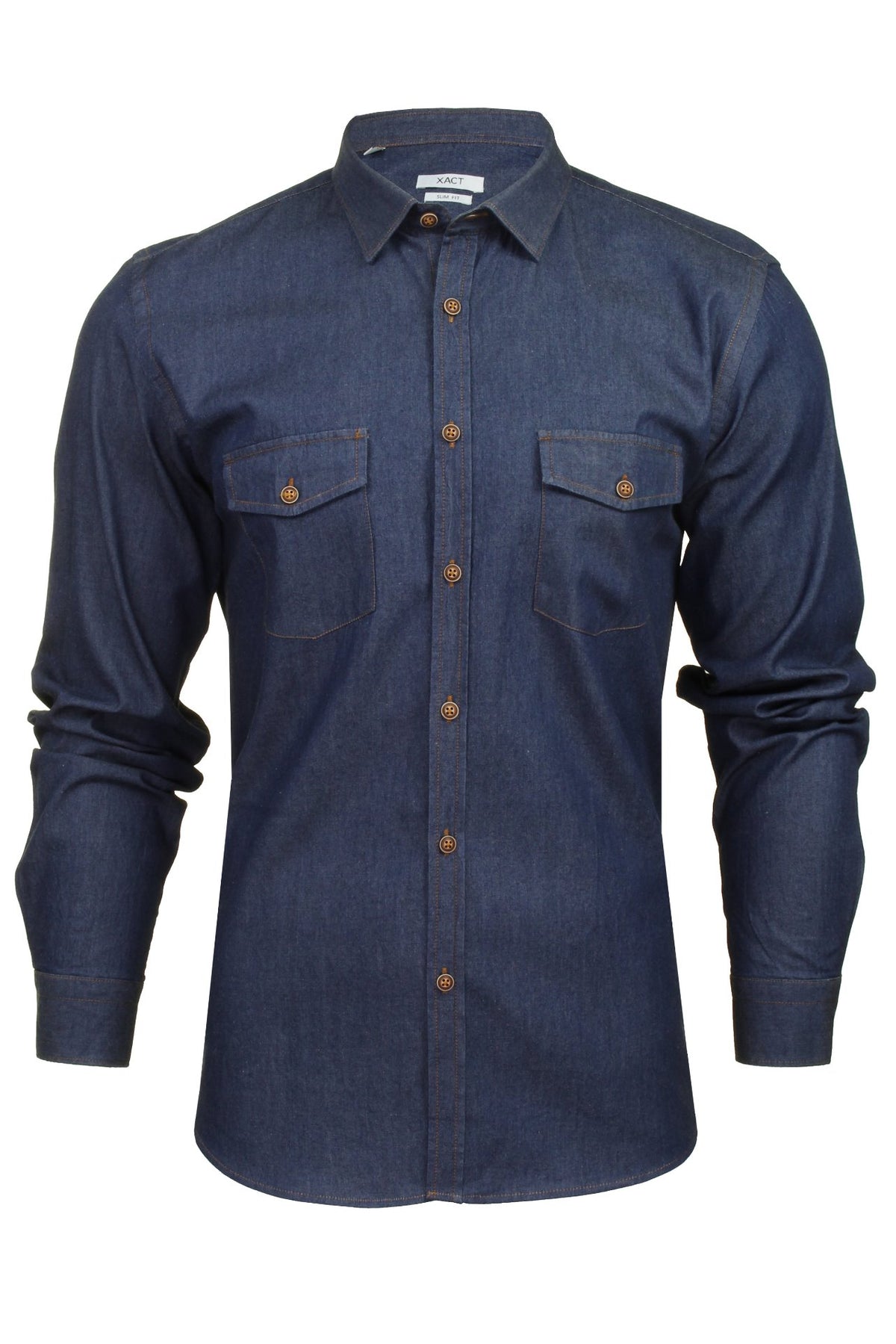 Xact Mens Long Sleeved Denim Shirt - Slim Fit, 01, Xsh1074, Navy