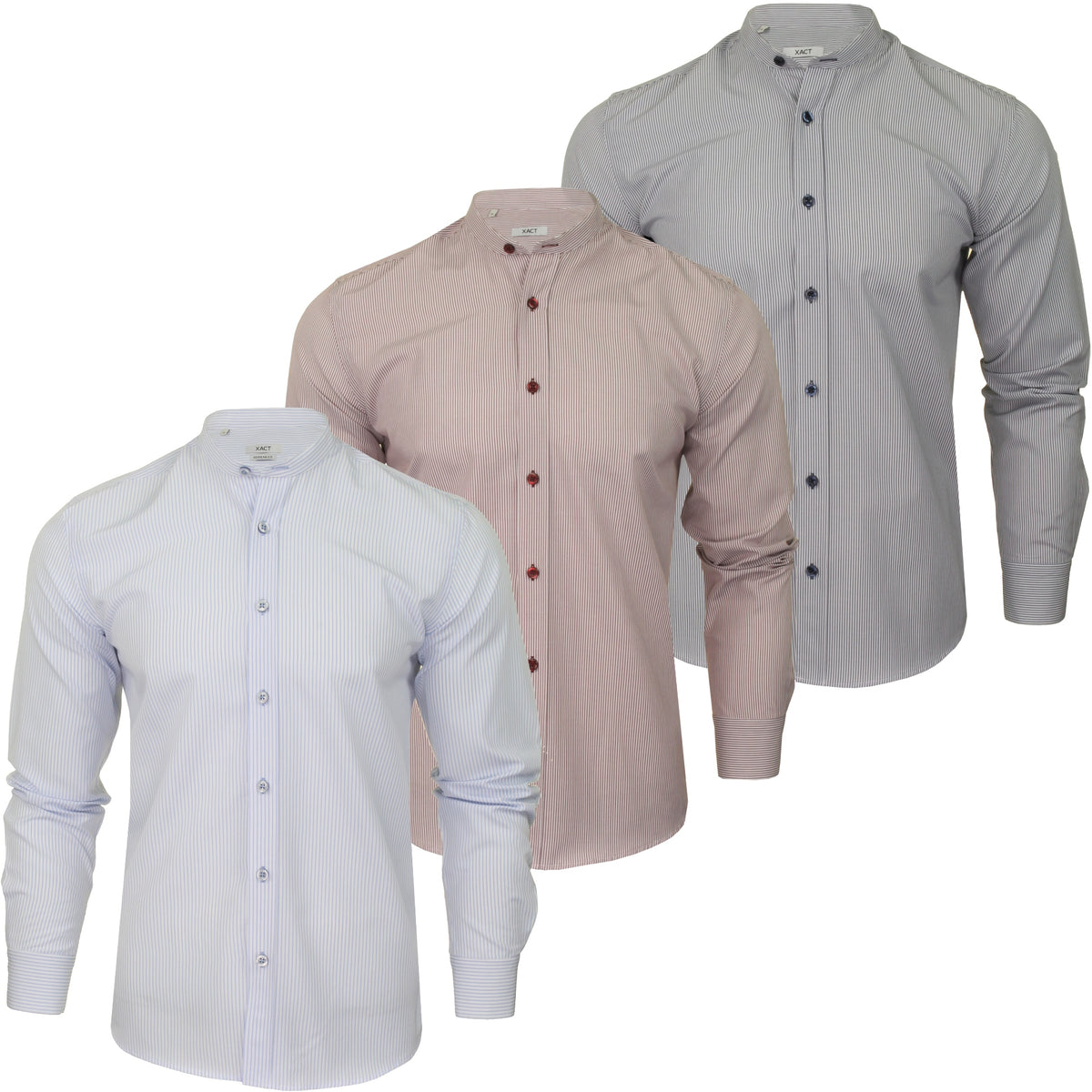 Xact Mens Stripe Grandad Shirt - Long Sleeved, 01, Xsh1078