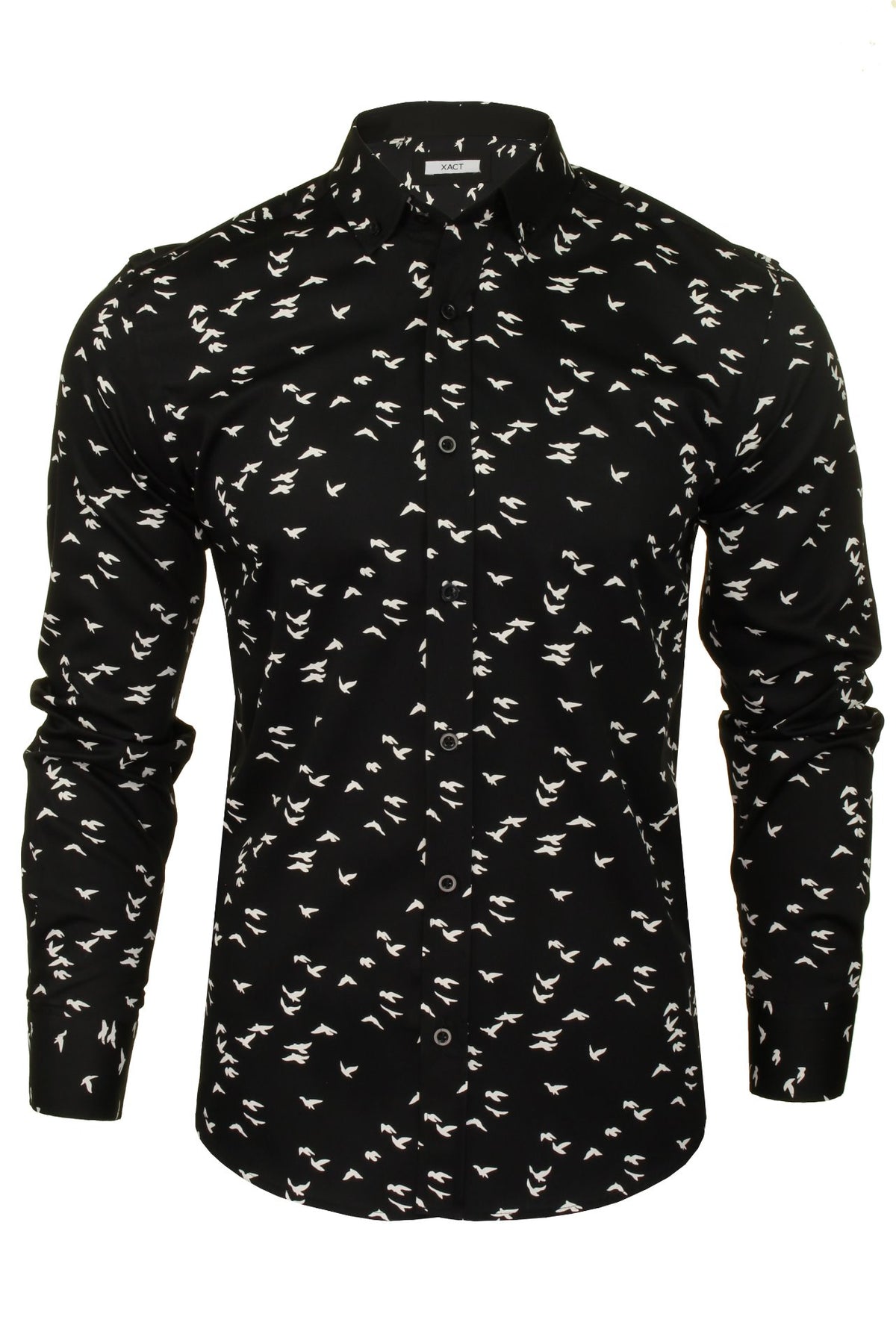 Xact Men's Cotton Bird Print Long Sleeved Shirt, 01, Xsh1083, Black